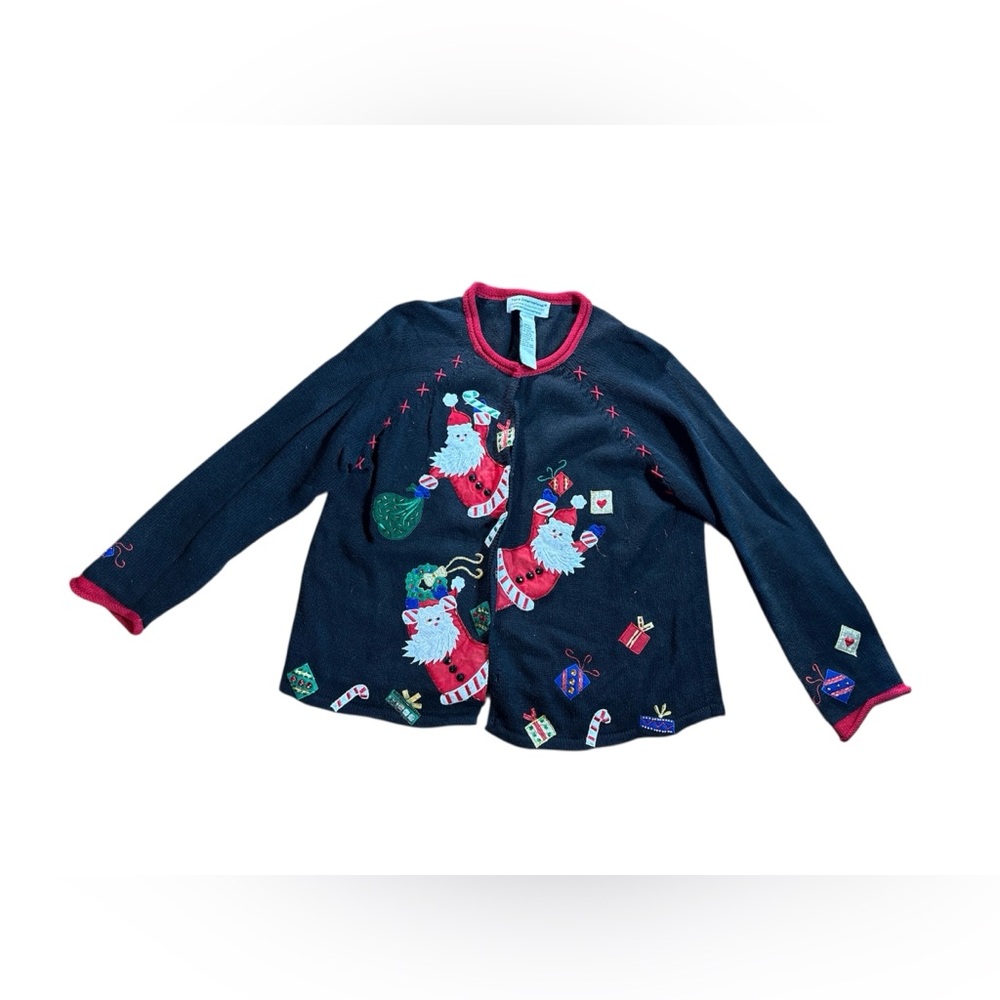 Vintage Tiara International Sequin Santa Claus Cardigan Button Down Sweater L XL